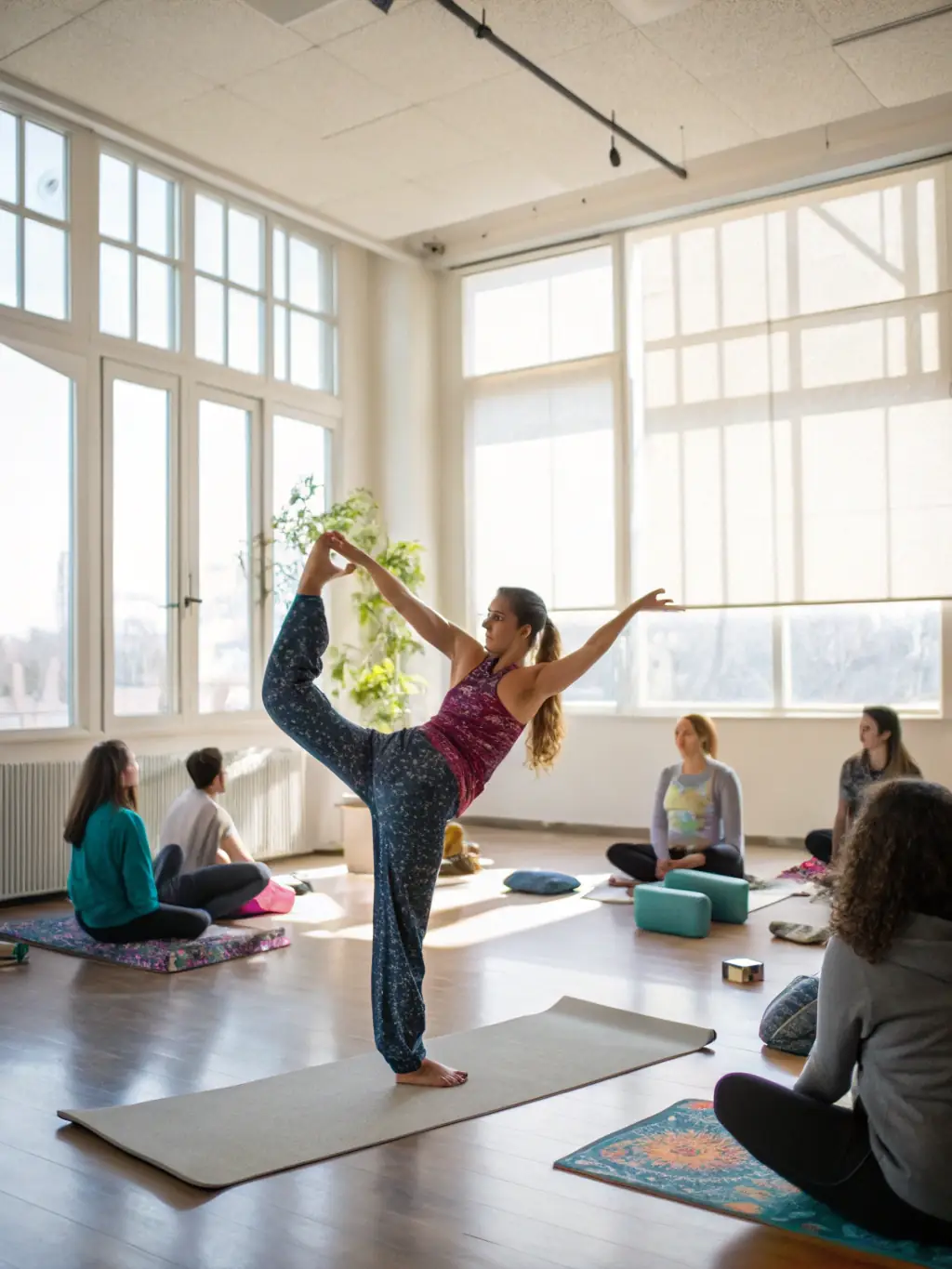 A photograph of a certified fitness instructor guiding a group of participants through a yoga session in a bright, spacious studio. The instructor is demonstrating a pose with a gentle smile, and the participants are following along attentively.