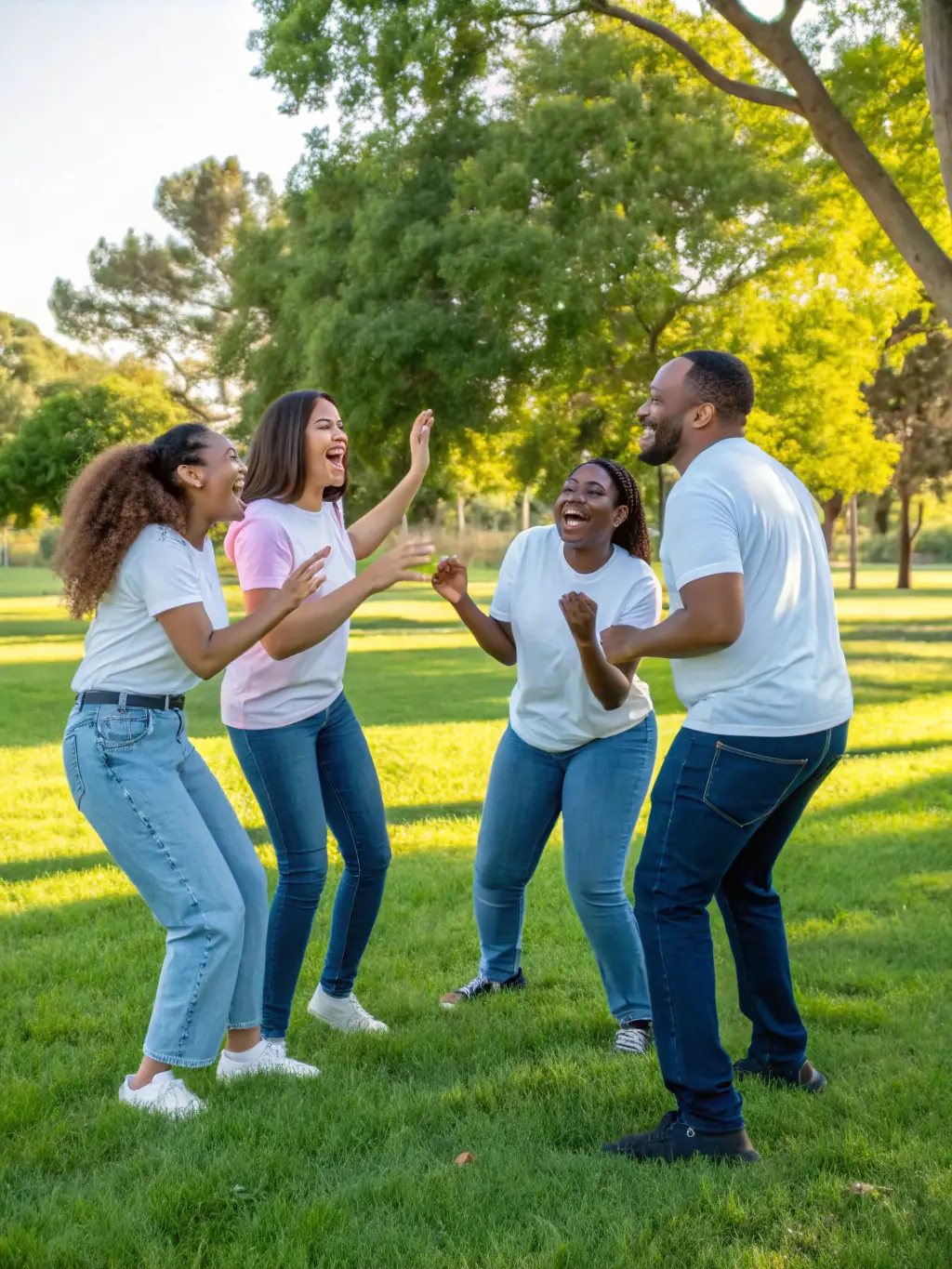 A heartwarming image of members of the association helping each other during a group fitness activity in a park. The image should convey a sense of camaraderie, support, and encouragement.