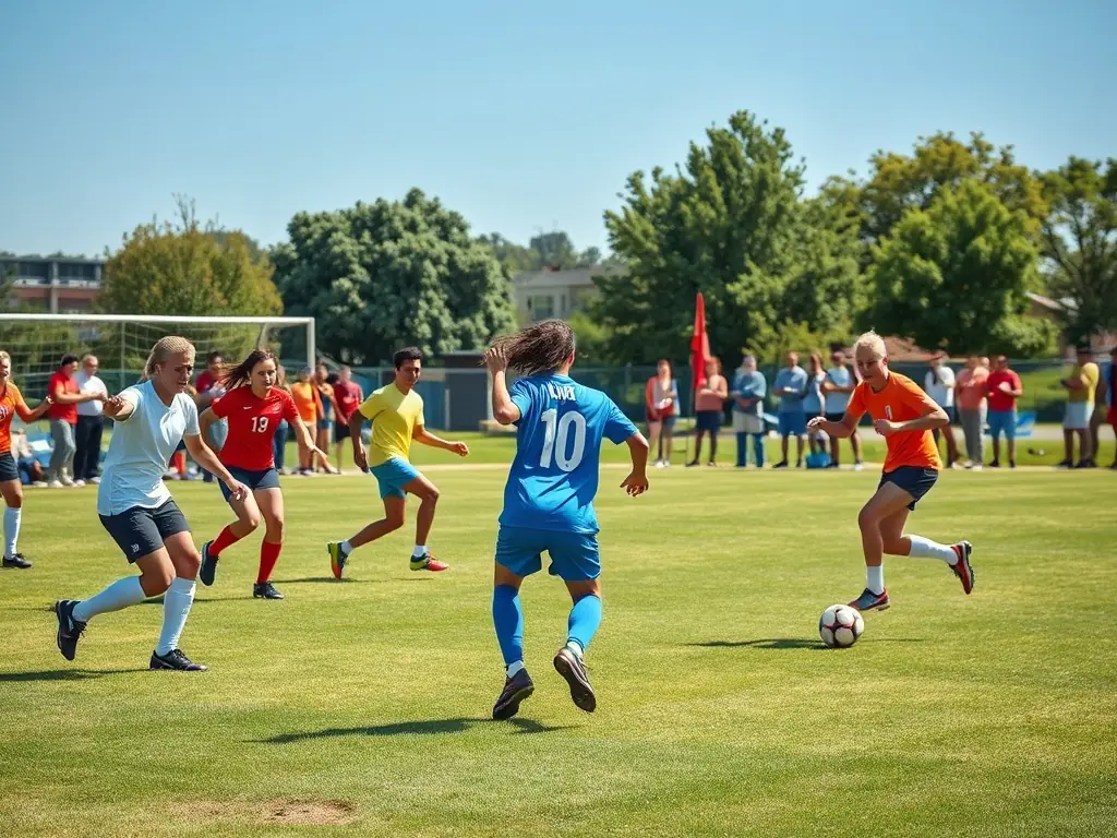 A vibrant image showcasing a group of people participating in a recreational soccer game outdoors, emphasizing teamwork and fun.