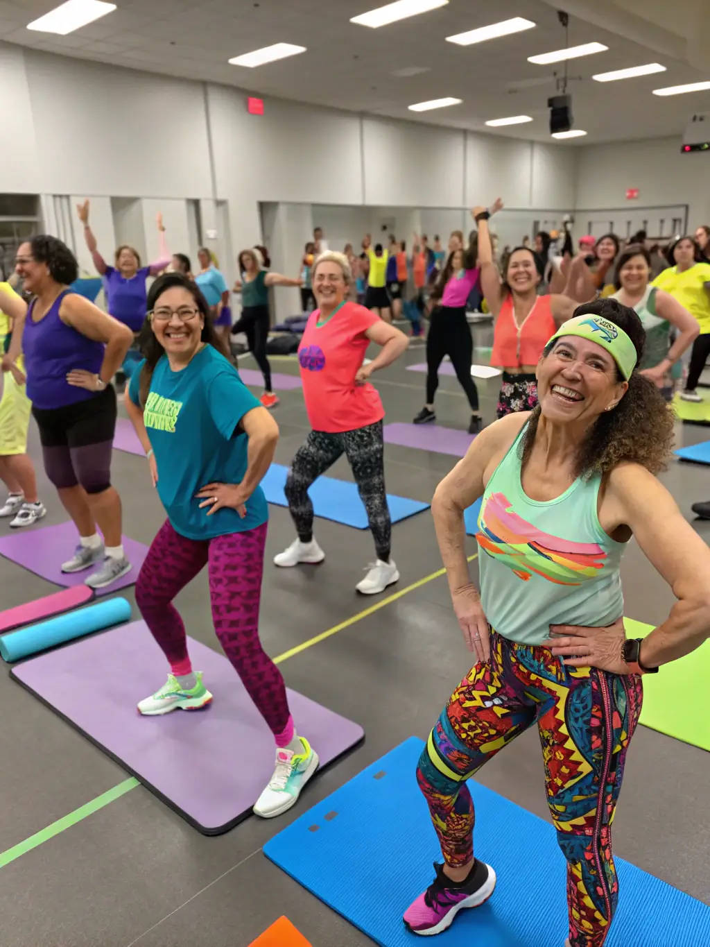 A vibrant image of a group of adults participating in an aerobics class at ASSOCIATION GYMTAVIE, showcasing energy and community.