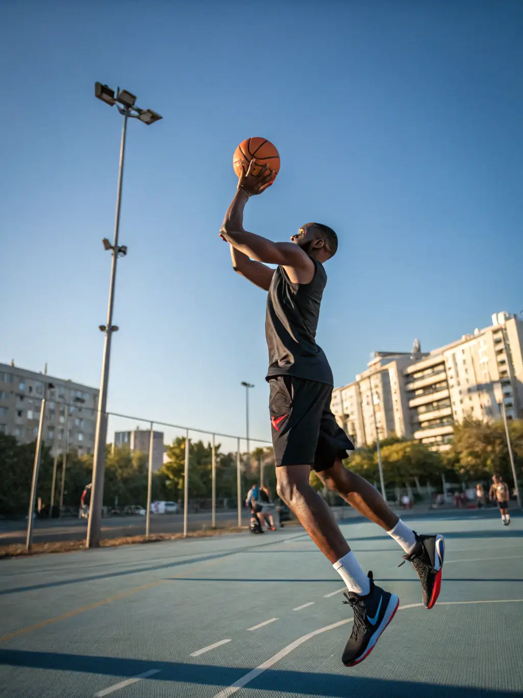 An energetic image of adults playing basketball at ASSOCIATION GYMTAVIE, emphasizing fitness and friendly competition.