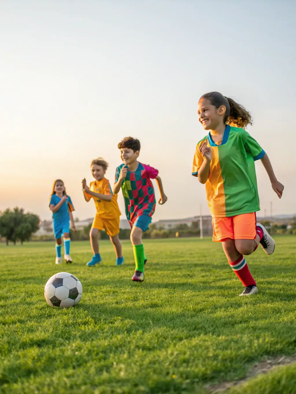 A dynamic shot of children playing soccer at ASSOCIATION GYMTAVIE, emphasizing teamwork and active fun.