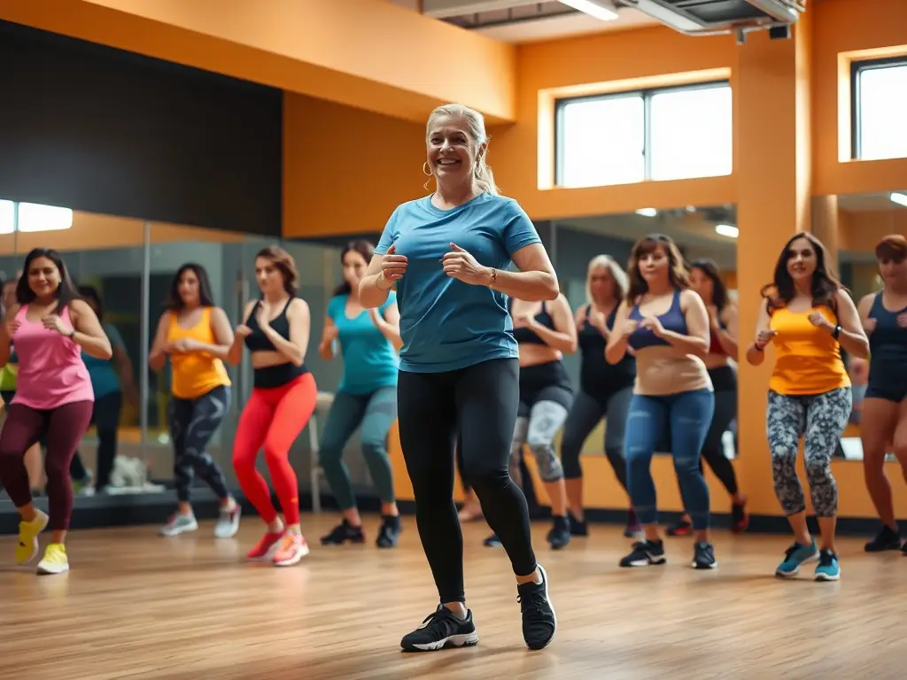 A dynamic image of participants engaged in an aerobics class, showcasing energy, movement, and group fitness.