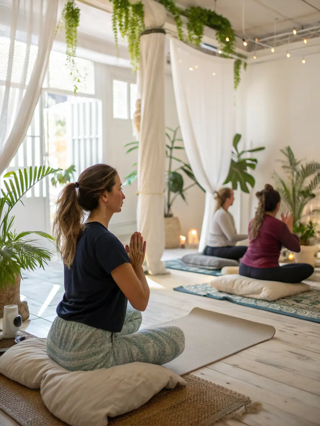 A serene image of participants in a yoga class at ASSOCIATION GYMTAVIE, highlighting relaxation and mindfulness.
