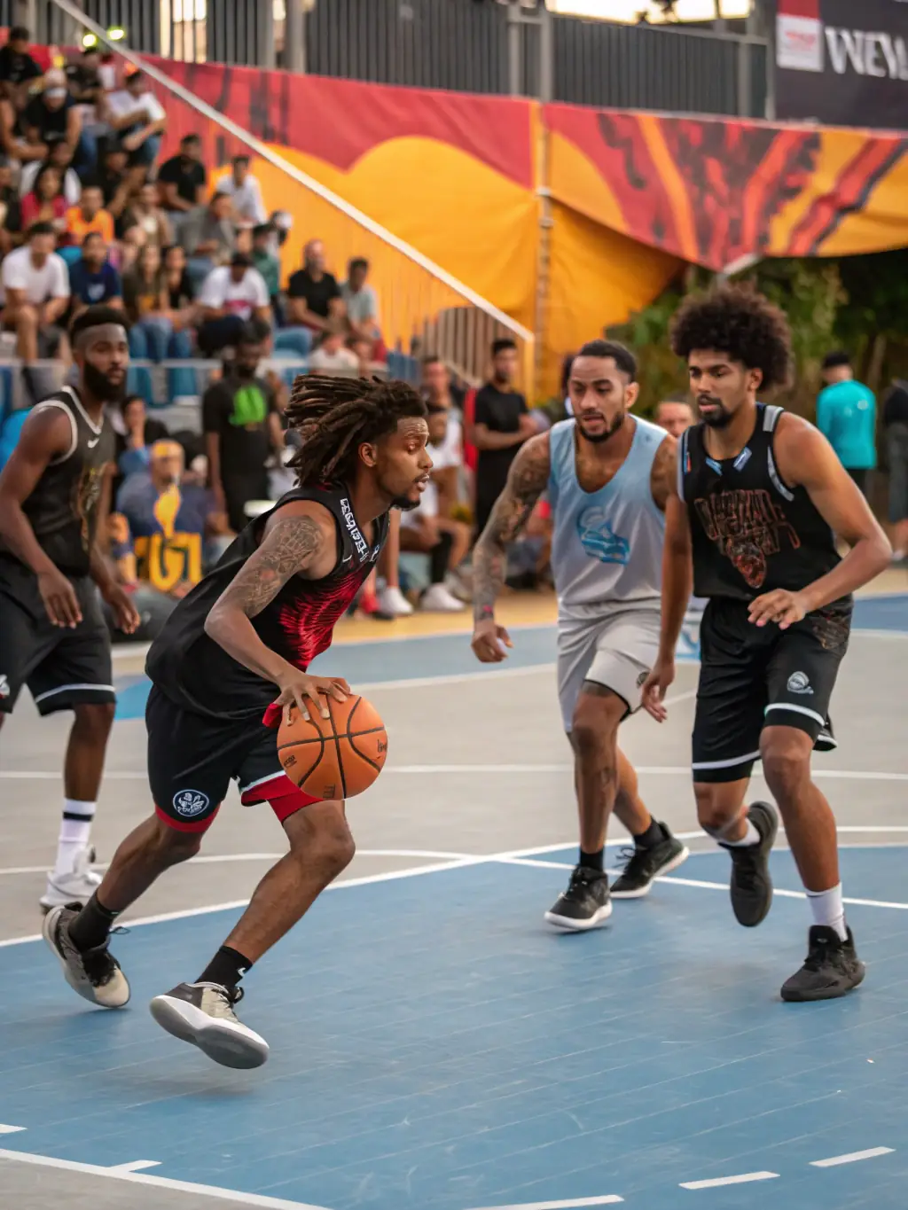 A vibrant image showcasing a diverse group of people participating in a recreational basketball game at an indoor court. Players are laughing and engaging in friendly competition, highlighting the fun and social aspect of the program.